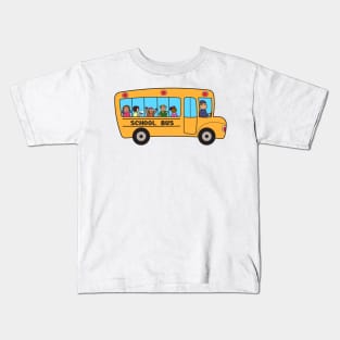School bus with group of school children. Flat design drawing isolated on white background d. Kids T-Shirt
